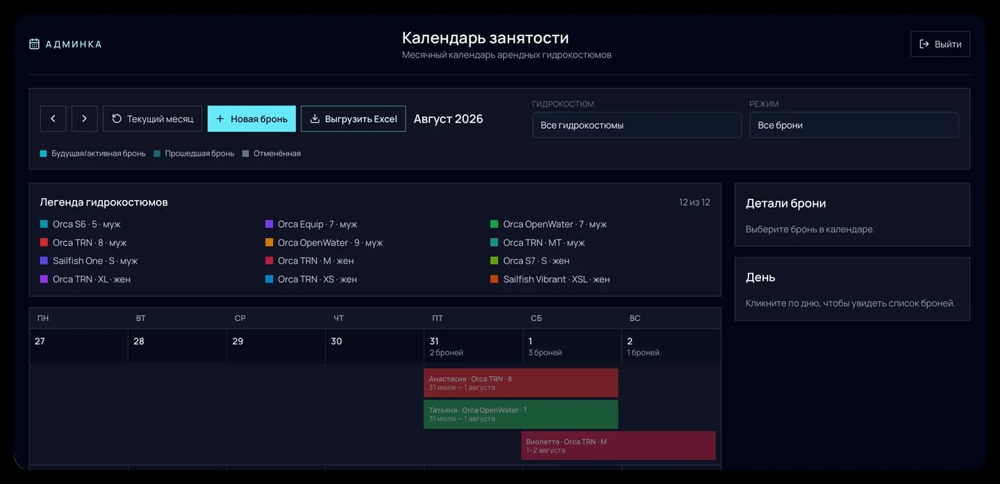 Календарь занятости в панели управления Neoprene24